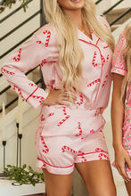 Load image into Gallery viewer, Candy Cane Collared Neck Long Sleeve Top and Shorts Lounge Set