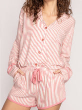 Load image into Gallery viewer, Striped Collared Neck Long Sleeve Top and Shorts Lounge Set
