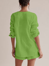 Load image into Gallery viewer, Notched Long Sleeve Top and Shorts Set