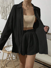 Load image into Gallery viewer, Dropped Shoulder Button Up Top and Elastic Waist Shorts Set