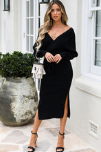 Load image into Gallery viewer, Surplice Neck Bow Waist Slit Sweater Dress