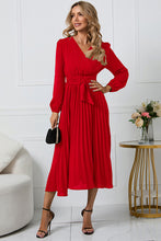 Load image into Gallery viewer, V-Neck Long Sleeve Tie Waist Midi Dress