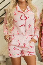Load image into Gallery viewer, Candy Cane Collared Neck Long Sleeve Top and Shorts Lounge Set