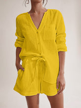 Load image into Gallery viewer, Notched Long Sleeve Top and Shorts Set