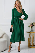 Load image into Gallery viewer, V-Neck Long Sleeve Tie Waist Midi Dress