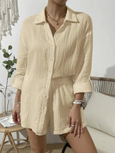 Load image into Gallery viewer, Dropped Shoulder Button Up Top and Elastic Waist Shorts Set