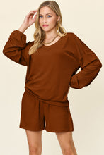 Load image into Gallery viewer, Double Take Full Size Texture V-Neck Long Sleeve T-Shirt and Shorts Set