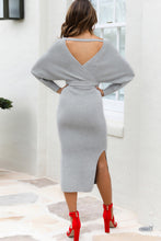 Load image into Gallery viewer, Surplice Neck Bow Waist Slit Sweater Dress