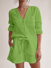 Load image into Gallery viewer, Notched Long Sleeve Top and Shorts Set