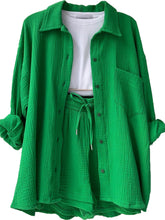 Load image into Gallery viewer, Texture Button Up Shirt and Drawstring Shorts Set