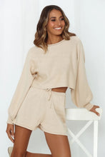 Load image into Gallery viewer, Round Neck Long Sleeve Top and Drawstring Shorts Lounge Set
