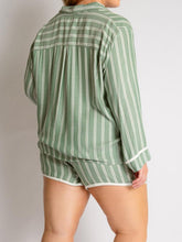 Load image into Gallery viewer, Striped Collared Neck Long Sleeve Top and Shorts Lounge Set