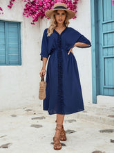 Load image into Gallery viewer, Frill Slit V-Neck Three-Quarter Sleeve Dress