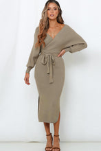 Load image into Gallery viewer, Surplice Neck Bow Waist Slit Sweater Dress