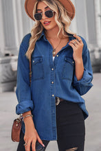 Load image into Gallery viewer, Collared Neck Dropped Shoulder Denim Top