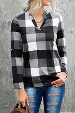 Load image into Gallery viewer, Plaid Split V-Neck Roll-Tab Top