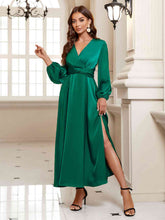 Load image into Gallery viewer, Surplice Long Sleeve Slit Midi Dress