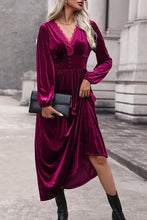 Load image into Gallery viewer, Lace Detail V-Neck Balloon Sleeve Midi Dress