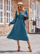 Load image into Gallery viewer, Buttoned V-Neck Flounce Sleeve Midi Dress