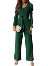 Load image into Gallery viewer, Belted Long Puff Sleeve V-Neck Jumpsuit