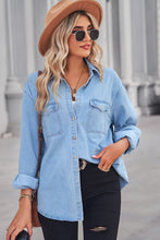 Load image into Gallery viewer, Collared Neck Dropped Shoulder Denim Top
