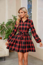 Load image into Gallery viewer, Plaid Print Tie Waist Collared Neck Shirt Dress