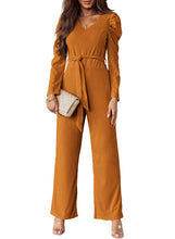 Load image into Gallery viewer, Belted Long Puff Sleeve V-Neck Jumpsuit