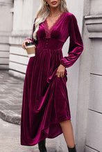Load image into Gallery viewer, Lace Detail V-Neck Balloon Sleeve Midi Dress