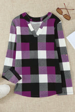 Load image into Gallery viewer, Plaid Split V-Neck Roll-Tab Top