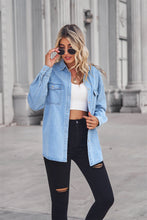 Load image into Gallery viewer, Collared Neck Dropped Shoulder Denim Top