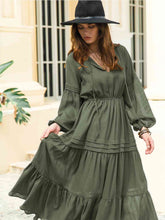 Load image into Gallery viewer, Tie Neck Long Sleeve Midi Tiered Dress