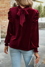 Load image into Gallery viewer, Tie Up Mock Neck Velvet Fabric Long Sleeve Blouse