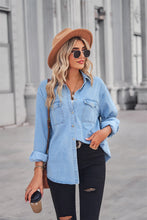 Load image into Gallery viewer, Collared Neck Dropped Shoulder Denim Top