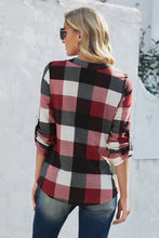 Load image into Gallery viewer, Plaid Split V-Neck Roll-Tab Top