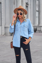 Load image into Gallery viewer, Collared Neck Dropped Shoulder Denim Top