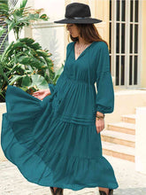 Load image into Gallery viewer, Tie Neck Long Sleeve Midi Tiered Dress