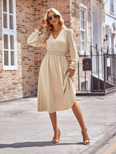 Load image into Gallery viewer, Buttoned V-Neck Flounce Sleeve Midi Dress