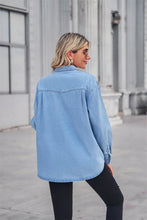Load image into Gallery viewer, Collared Neck Dropped Shoulder Denim Top
