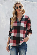 Load image into Gallery viewer, Plaid Split V-Neck Roll-Tab Top