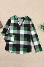 Load image into Gallery viewer, Plaid Split V-Neck Roll-Tab Top