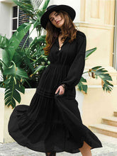 Load image into Gallery viewer, Tie Neck Long Sleeve Midi Tiered Dress