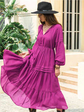 Load image into Gallery viewer, Tie Neck Long Sleeve Midi Tiered Dress