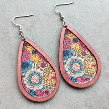 Load image into Gallery viewer, Floral Wood Teardrop Earrings