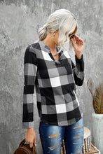 Load image into Gallery viewer, Plaid Split V-Neck Roll-Tab Top
