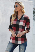 Load image into Gallery viewer, Plaid Split V-Neck Roll-Tab Top