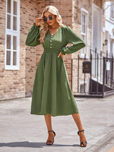 Load image into Gallery viewer, Buttoned V-Neck Flounce Sleeve Midi Dress