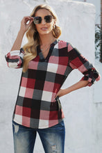 Load image into Gallery viewer, Plaid Split V-Neck Roll-Tab Top