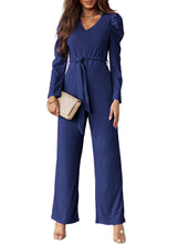 Load image into Gallery viewer, Belted Long Puff Sleeve V-Neck Jumpsuit