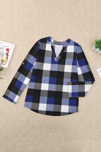 Load image into Gallery viewer, Plaid Split V-Neck Roll-Tab Top