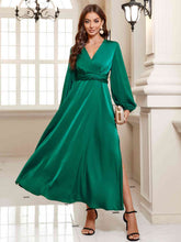Load image into Gallery viewer, Surplice Long Sleeve Slit Midi Dress